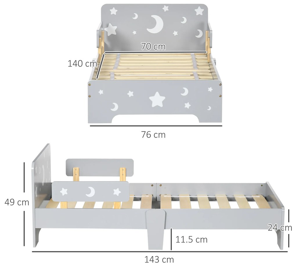 ZONEKIZ Pat pentru copii 3-6 ani cu stele si luna din MDF si PAL, 143x76x49 cm, culoare gri si lemn | Aosom Romania