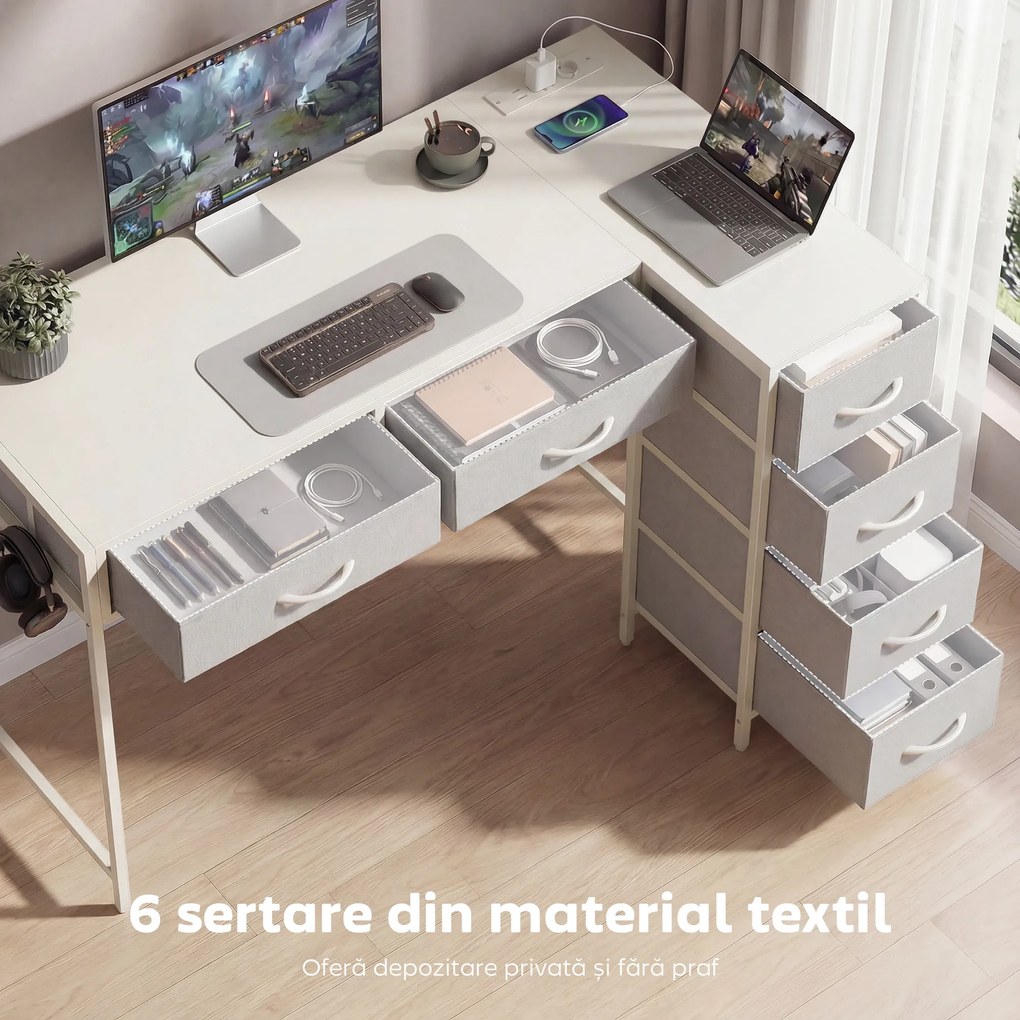 HOMCOM Birou de Colț Reversibil cu Prize și Porturi USB, 126x48 cm, Birou în Formă de L cu 6 Sertare din Material Textil, Cârlig Lateral, pentru Computer, Birou, Cameră, Alb | Aosom Romania
