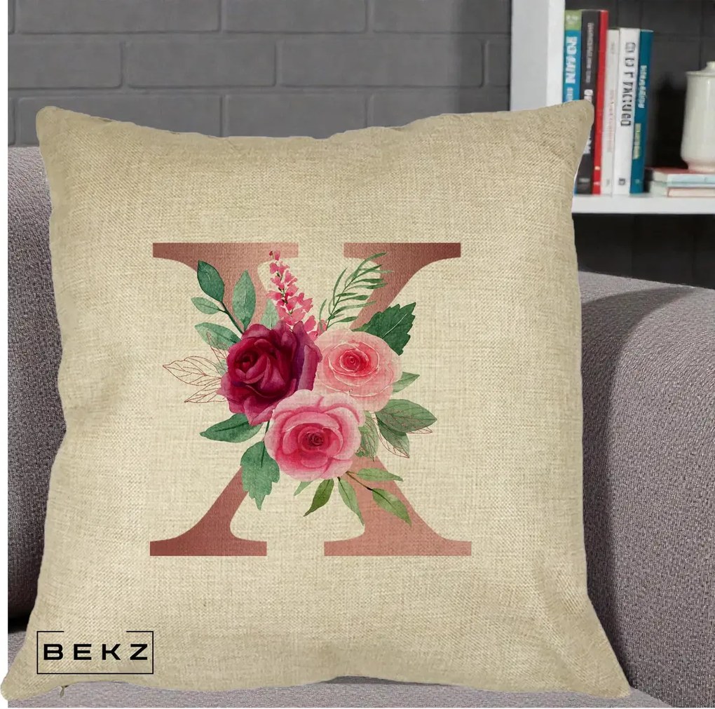 Cadou Personalizat - Perna Personalizata Monograma Rose Gold Litera X, 40x40 cm, Crem, Husa Detasabila, Perna Inclusa, BEKZ®