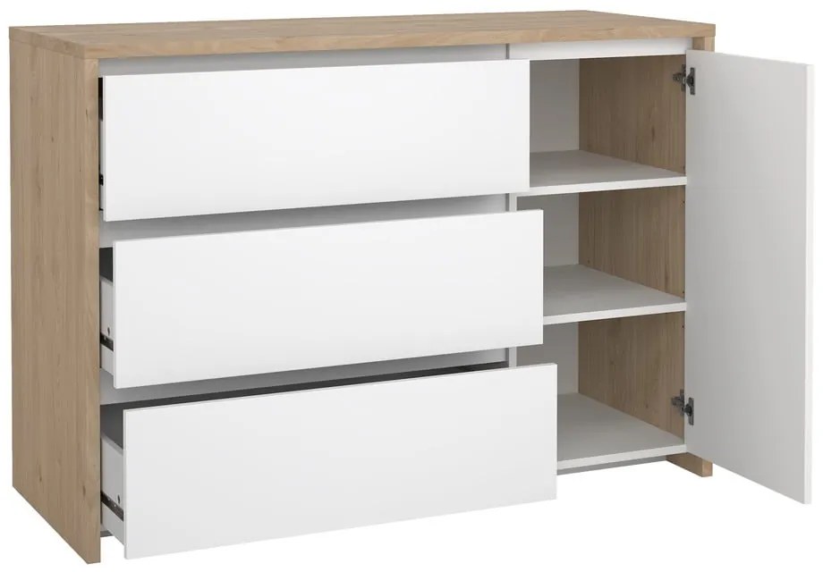 Comodă albă-în culoare naturală cu aspect de lemn de stejar 119x84x48 cm Next – Tvilum