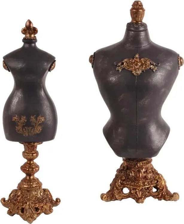 Suport pentru bijuterii din polirășină, negru, bust de manechin pe soclu baroc auriu, detalii lucrate manual, finisaj antichizat, 45 x 22 x 18 cm,