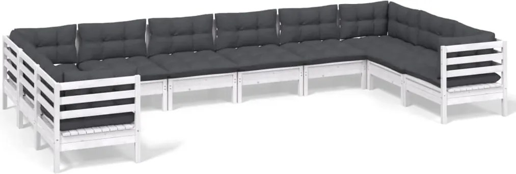 vidaXL Set mobilier de grădină cu perne, 10 piese, alb, lemn masiv pin