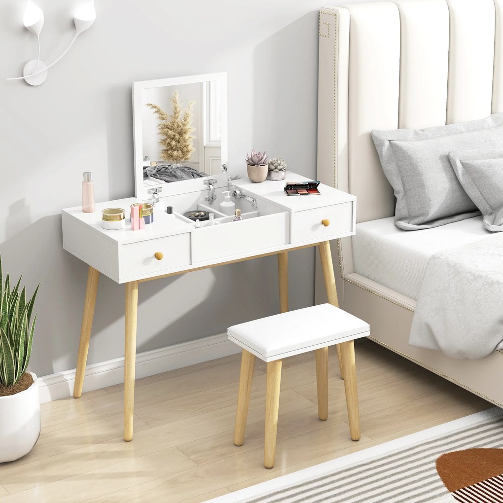 HOMCOM Set coafatoare cu taburet mirror rabatabil stil scandinav 2 sertare 100 x 45 x 118 cm, alb | Aosom Romania