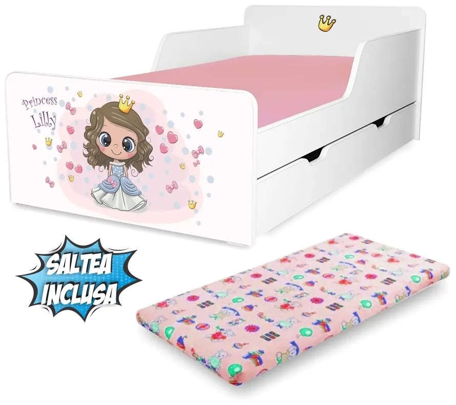 Pat copii Printesa Lilly 2-12 ani cu sertar si saltea inclusa - PC-P-MK-SRT-LIL-80