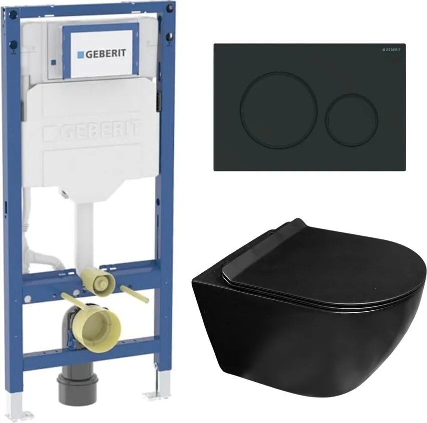 Set rezervor incastrat Geberit Duofix cu set fixare si clapeta Sigma01 negru lucios plus vas WC Rune Ivaldi Grande cu capac softclose