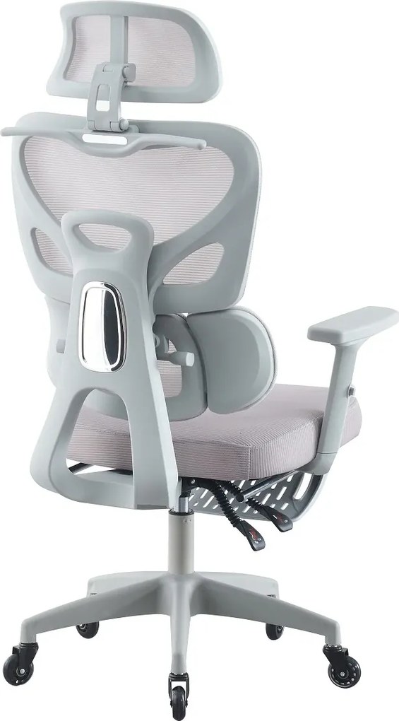 Scaun ergonomic, Suport Lombar 3 Zone Dinamice, Spătar ajustabil pe inaltime, cotiere 3D, tetiera 3D, suport pentru picioare, umeras, pivotant, Mesh, Gri