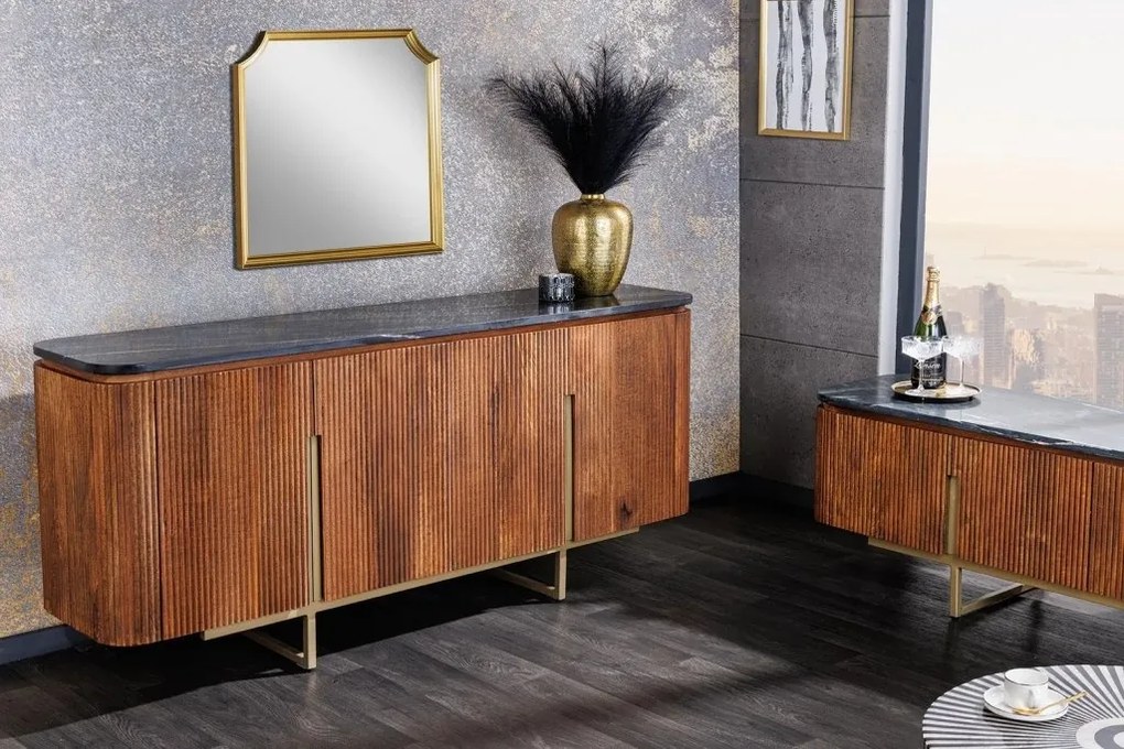 Comoda TV design retro Gatsby 160cm Mango/ marmura neagra
