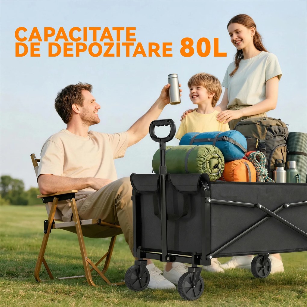 Outsunny Cărucior de Grădină 80L Pliabil cu Mâner Reglabil, din Metal și Țesătură Oxford, 78x47.5x92 cm, Negru | Aosom Romania