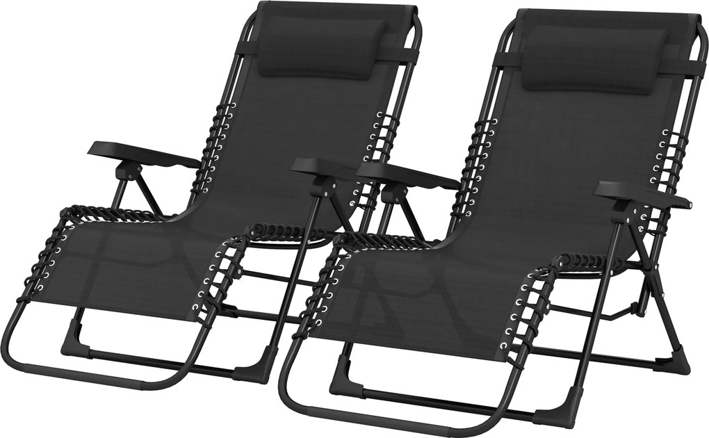 Outsunny Set de 2 șezlonguri pentru bronzat, șezlong pliant reglabil cu tetieră din textilenă, 90 x 65 x 112 cm, negru | Aosom Romania