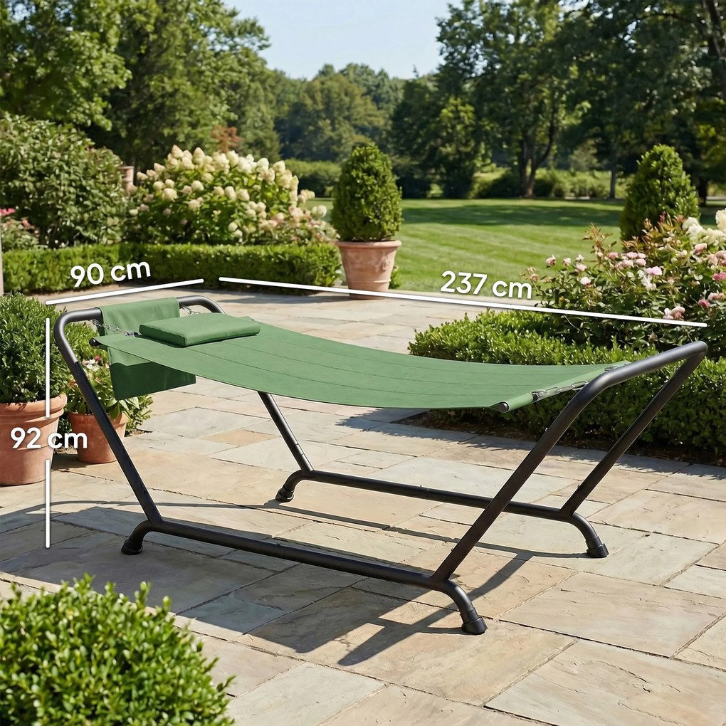 Outsunny Hamac de Exterior cu Suport, Hamac Autoportant cu Buzunar Lateral, Tetieră și Structură din Metal, Capacitate 150 kg pentru Grădină, Balcon, Terasă, 237 x 90 x 92 cm, Verde Închis | Aosom Romania