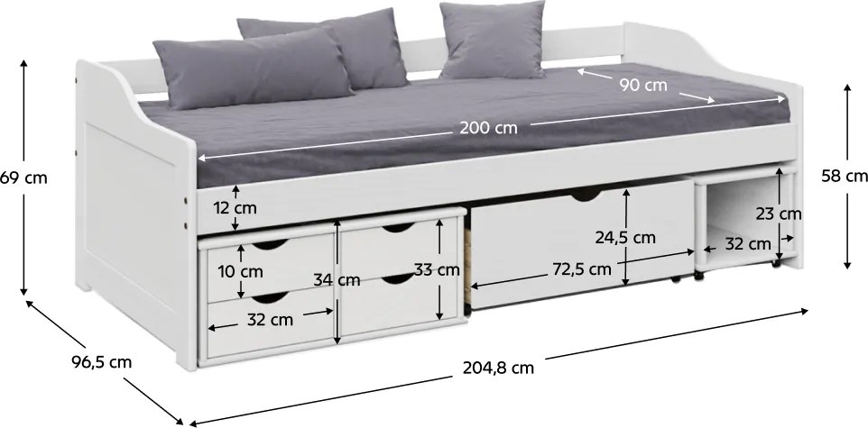Pat cu spaţiu de depozitare, alb, lemn masiv, 90x200, MAXI NEW