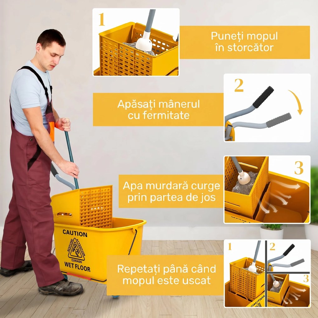 HOMCOM Găleată de spălat pardoseli 20L cu mop, storcător, roți și mâner Galben | Aosom Romania