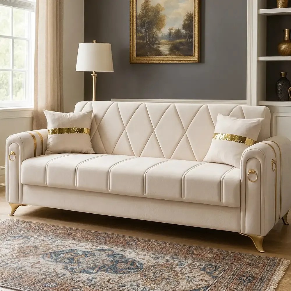 Canapea extensibila cu lada de depozitare 220x87x93 cm , bej si detalii aurii –Camara