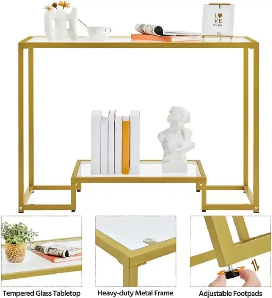 Consola din sticla si metal profil culoare auriu 100 cm