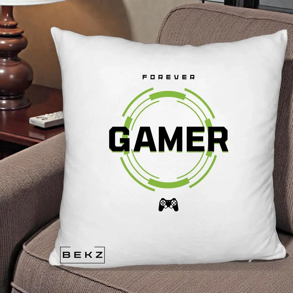 Perna Personalizata Forever Gamer, 40x40 cm, Alb Pufos, Husa Detasabila, Perna Inclusa, BEKZ®