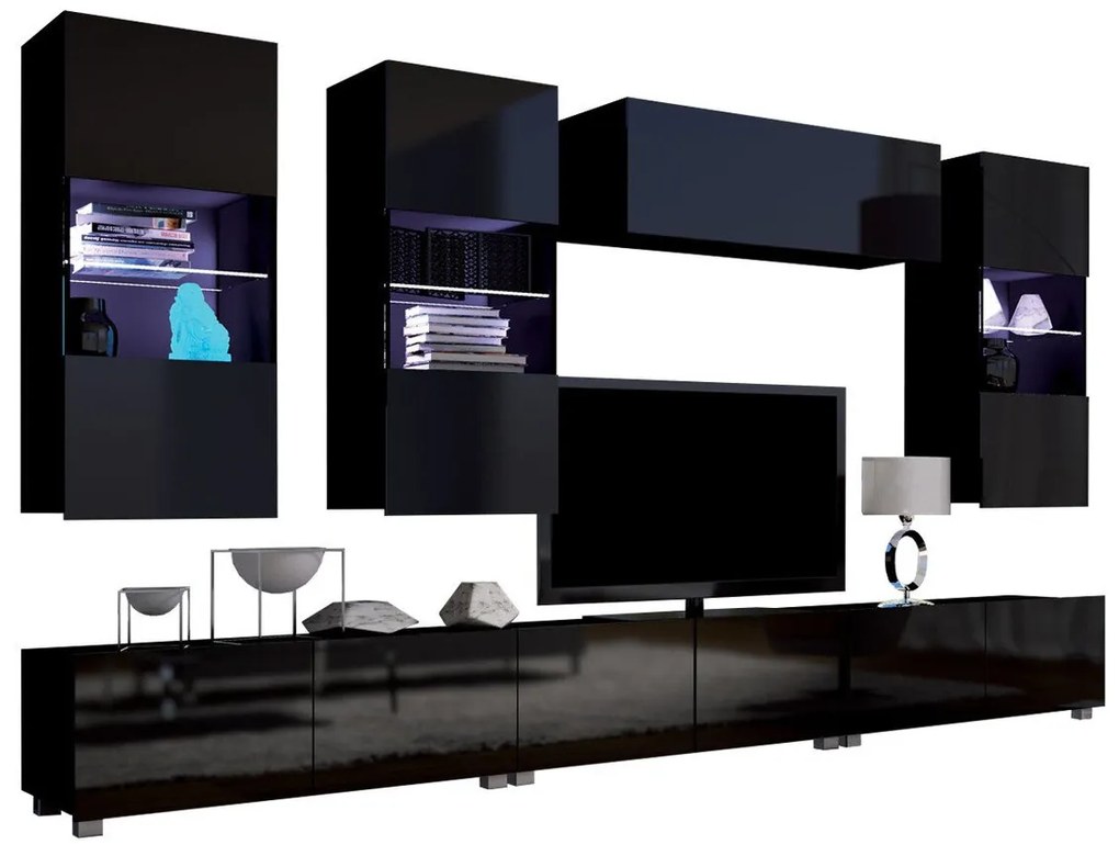 Set camera de zi Providence B121Negru, Negru lucios, Cu comodă TV, Cu componente suplimentare, Părți separate, PAL laminat, 300x43cm, 130 kg