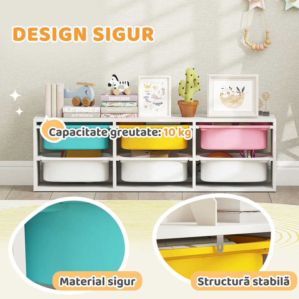 AIYAPLAY Raft pentru Jucării din Lemn cu 6 Recipiente Detașabile din Plastic, Multicolor | Aosom Romania