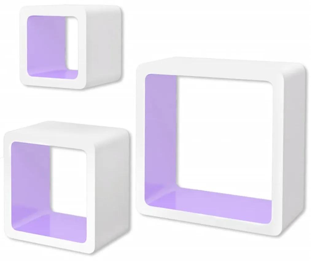 Rafturi cub suspendate, depozitare carti DVD, 3 buc, MDF alb-violet 3, Violet