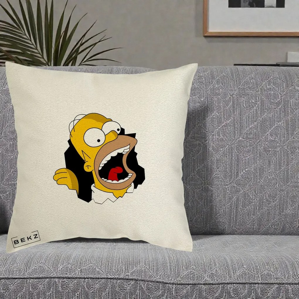 Perna Personalizata Homer Simpson Surpriza, 40x40 cm, Ecru, Husa Detasabila, Perna Inclusa, BEKZ®