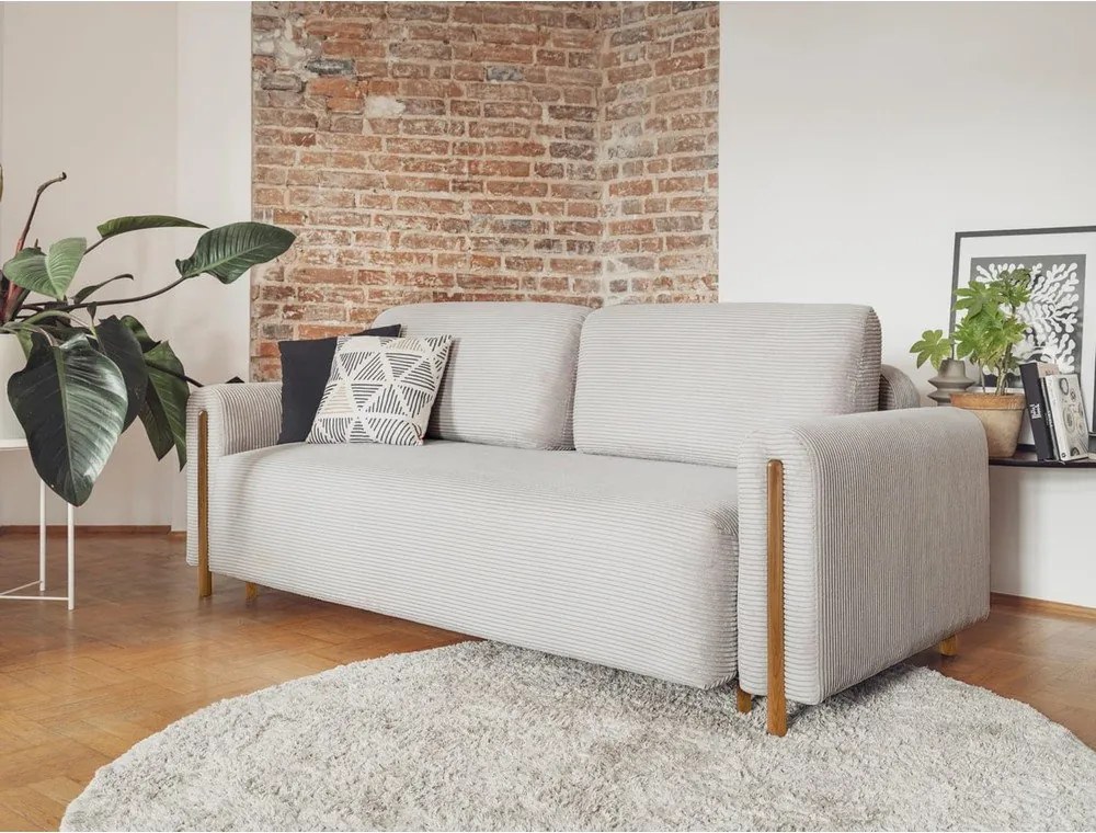 Canapea gri deschis extensibilă/cu spațiu de depozitare cu tapițerie din catifea reiată 244 cm Arcadova – ELTAP