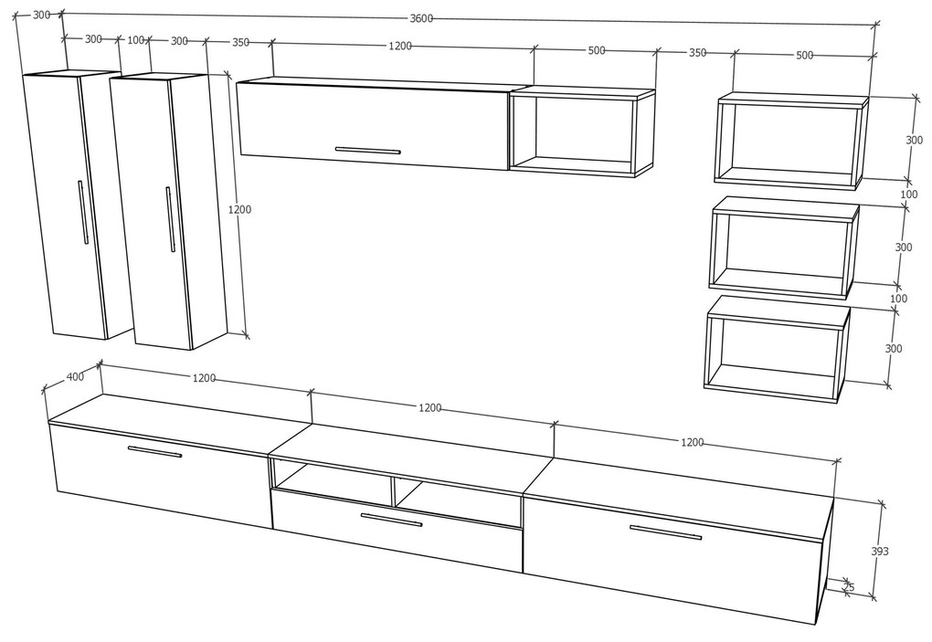 Living haaus Haga V5, Alb Lucios/Negru, MDF,L 360 cm