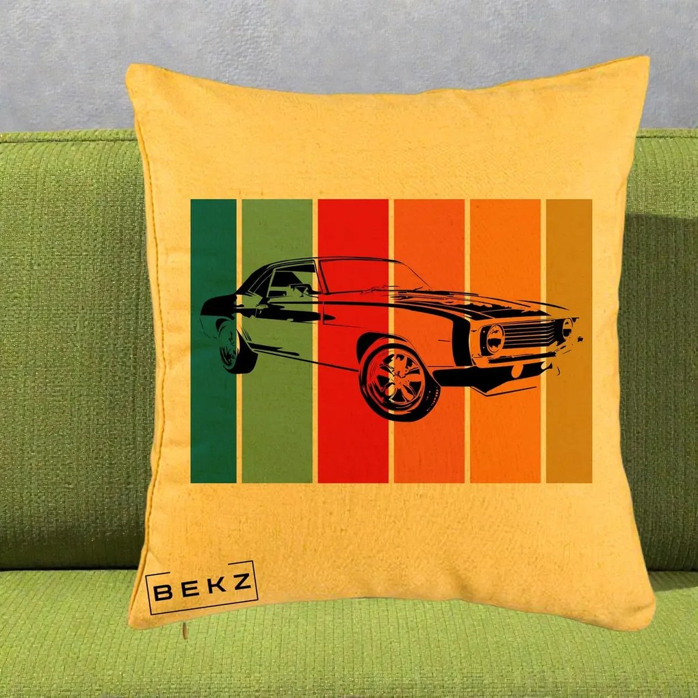 Perna Personalizata Masina Retro Muscle Car Grafic, 40x40 cm, Galben, Husa Detasabila, Perna Inclusa, BEKZ®