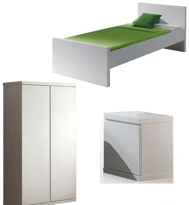 Set Mobilier Cameră Lara pentru Copii/Tineri, Alb – Pat 90x200 cm, Noptieră și Dulap 2 Uși – Vipack