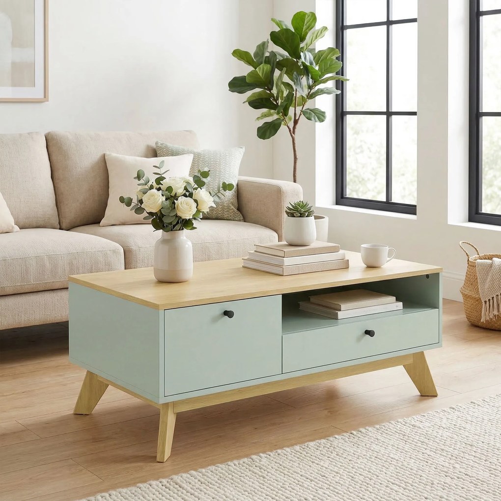 HOMCOM Masă de cafea pentru living, măsuță dreptunghiulară cu sertar, ușă și compartiment deschis, verde deschis și stejar | Aosom Romania