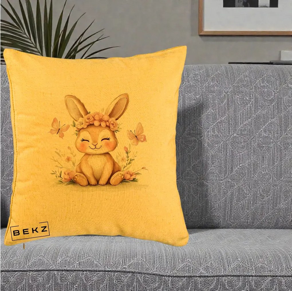 Perna Decorativa Iepuras cu Coronita Florala Roz, 40x40 cm, Galben, Husa Detasabila, Perna Inclusa, BEKZ®