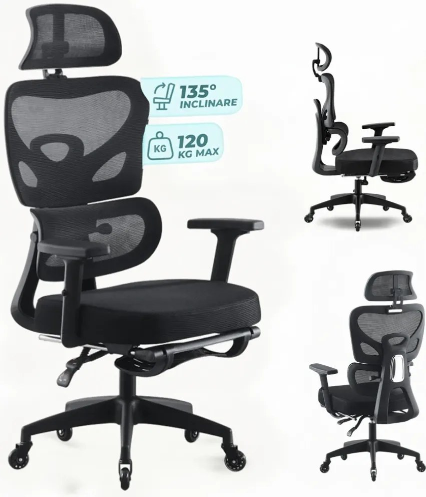 Scaun ergonomic, cotiere 3D, suport lombar adaptiv, spătar reglabil pe inaltime, tetiera 3D, suport pentru picioare, pivotant, Mesh, Negru