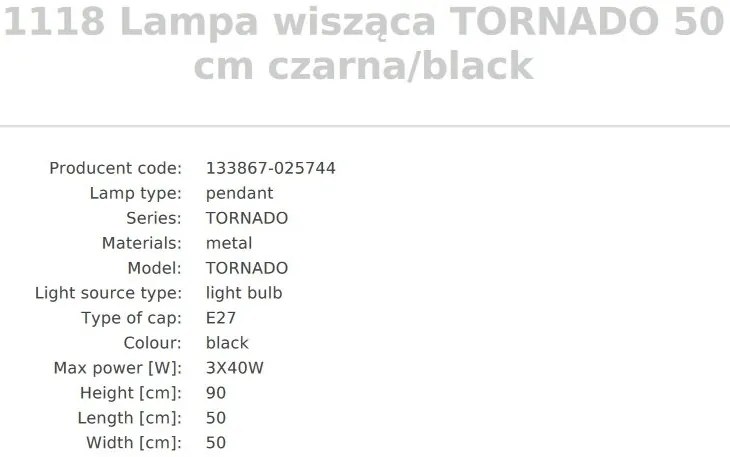 Pendul design modern Tornado negru 50cm