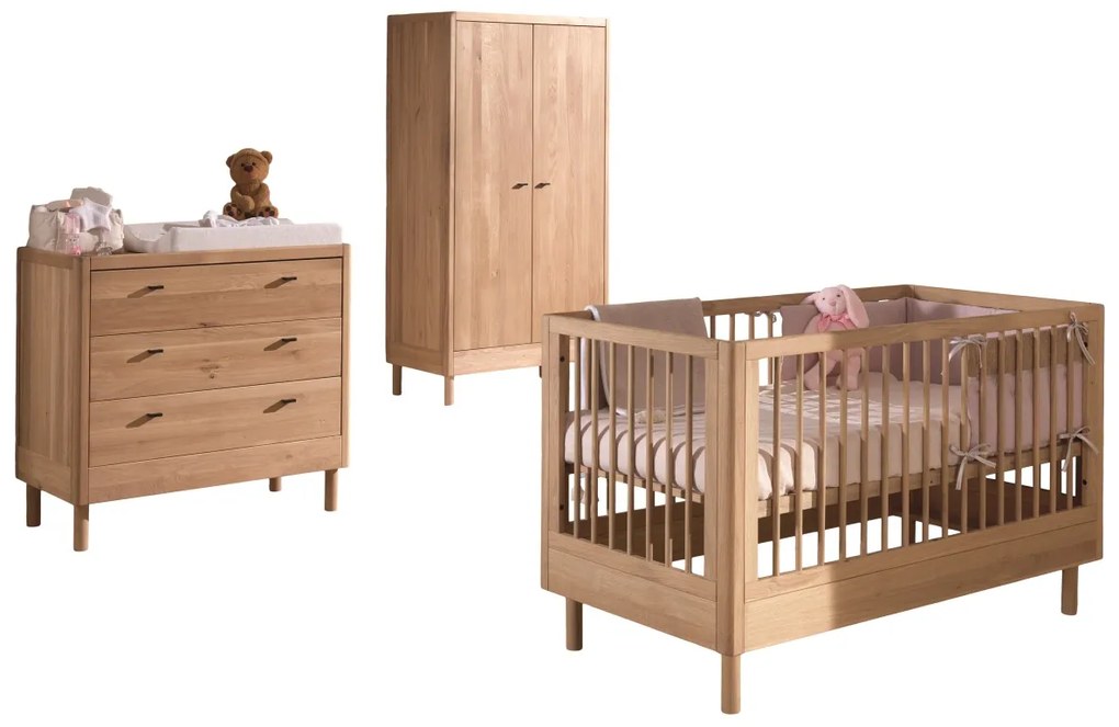Set Complet Mobilier Cameră Bebelus Forrest Oak, din Lemn Masiv de Stejar, Natur: Pătuț Convertibil (70x140 cm), Comodă cu 3 Sertare și Dulap cu 2