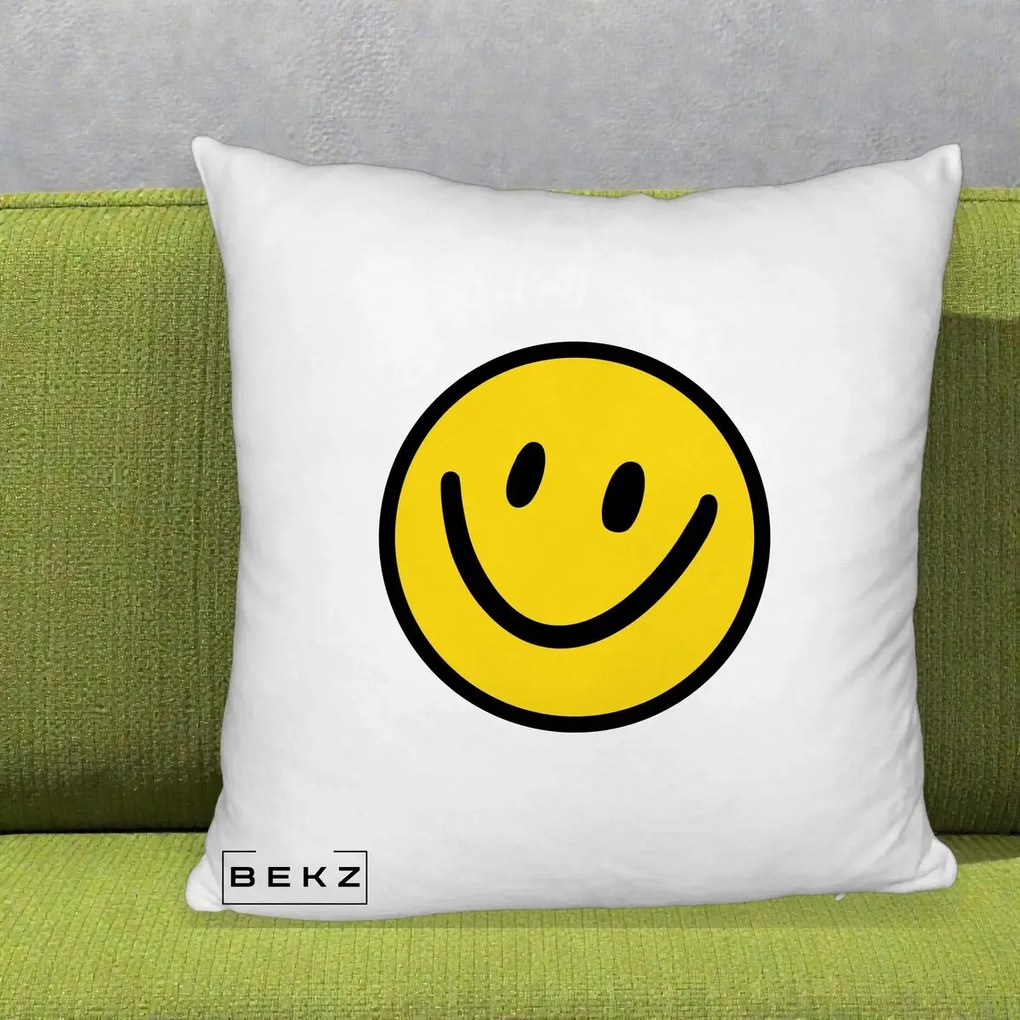 Perna Decorativa Smiley Face Galben Clasic, 40x40 cm, Alb Pufos, Husa Detasabila, Perna Inclusa, BEKZ®