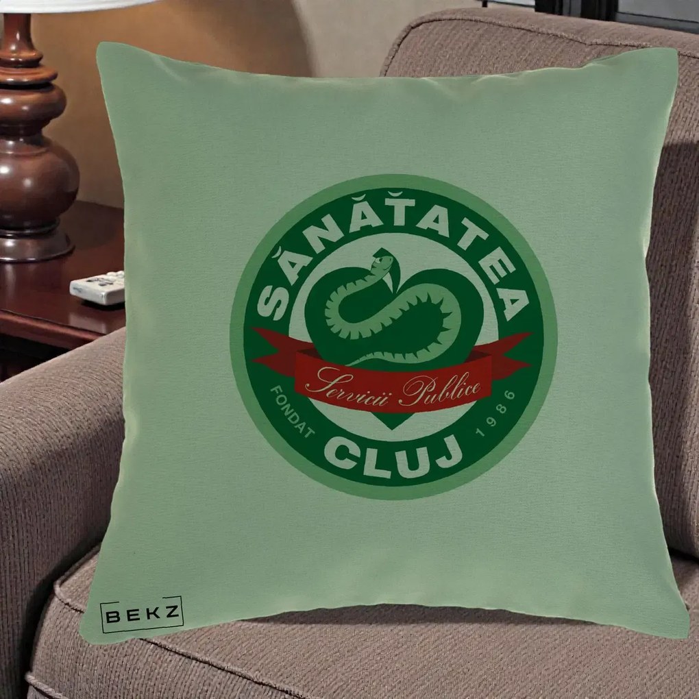 Perna Personalizata Sanatatea Cluj Servicii Publice 1986, 40x40 cm, Verde, Husa Detasabila, Perna Inclusa, BEKZ®