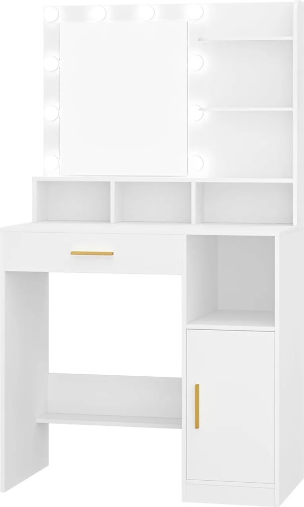 Masuta machiaj cu Oglinda LED si 1 Sertar pentru Cosmetice, Set Masa toaleta 80 cm, Alb / Negru / Gri, masuta cosmetica, vanity - SEG19