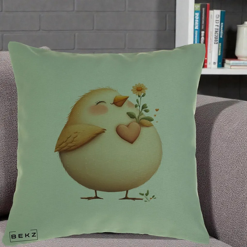 Perna Decorativa Pui cu Inima si Floarea-Soarelui, 40x40 cm, Verde, Husa Detasabila, Perna Inclusa, BEKZ®