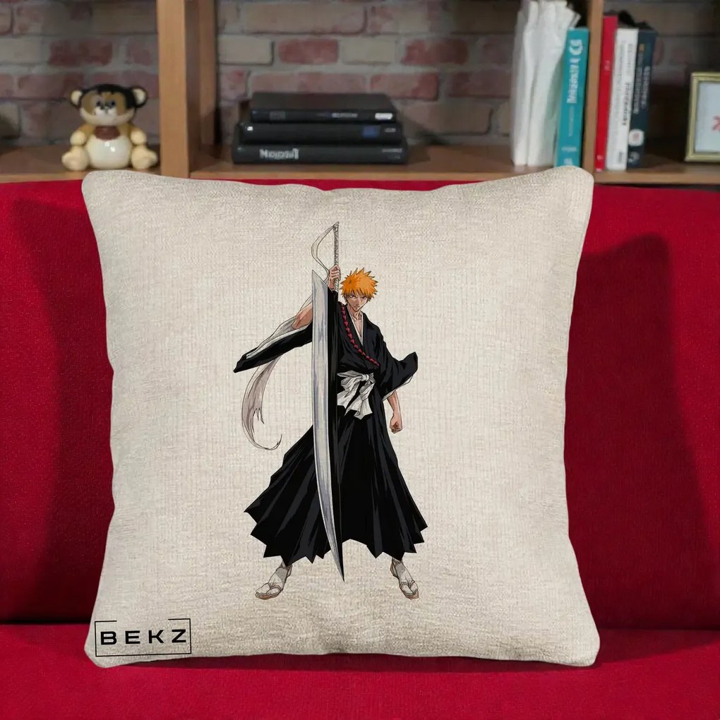 Perna Personalizata Bleach Ichigo Kurosaki Zangetsu, 40x40 cm, Bej Canapea, Husa Detasabila, Perna Inclusa, BEKZ®