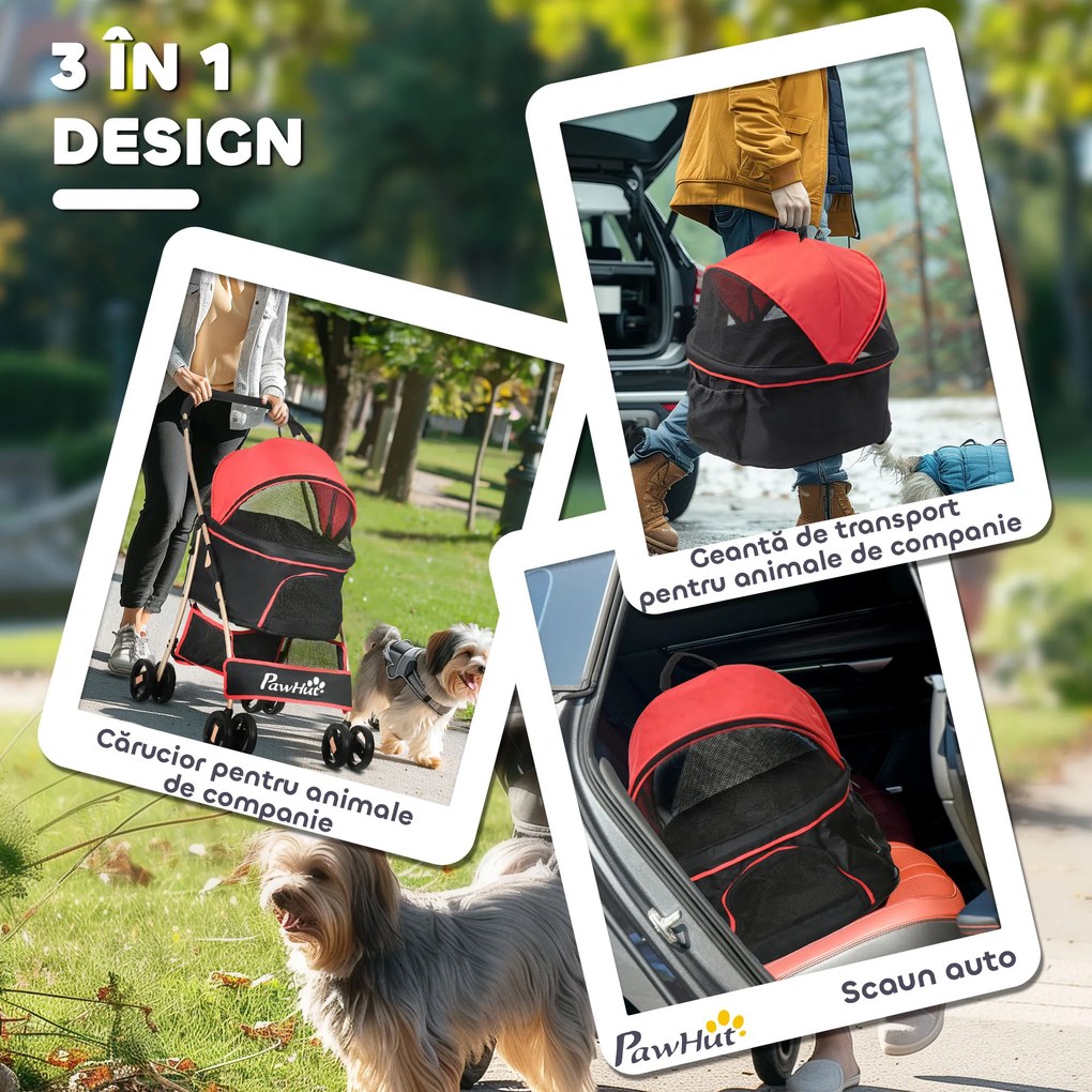 PawHut Cărucior pentru Câini Pliabil și Convertibil în Geantă de Transport cu 2 Lese și Pernă, 82x49.5x98 cm, Roșu | Aosom Romania