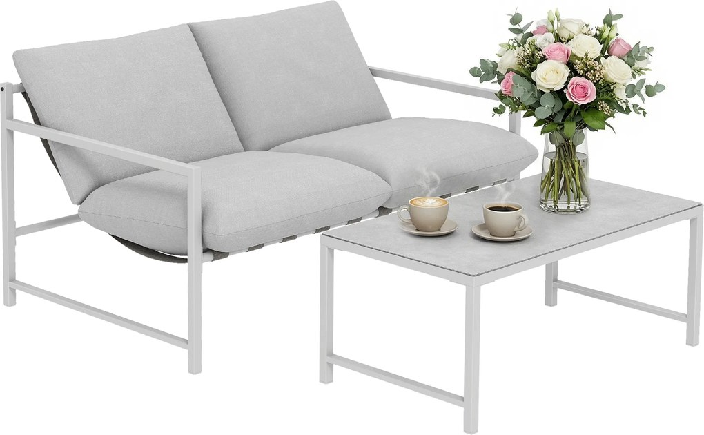 Outsunny Set mobilier de grădină exterior 2 piese, canapea cu perne, masă de cafea cu blat din sticlă securizată marmorat 3D, 125x80x64cm, gri deschis | Aosom Romania
