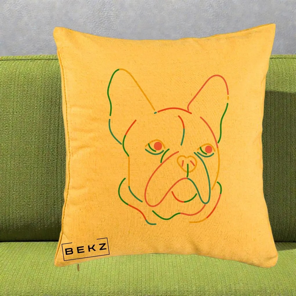 Perna Decorativa Bulldog Francez Line Art Curcubeu, 40x40 cm, Galben, Husa Detasabila, Perna Inclusa, BEKZ®