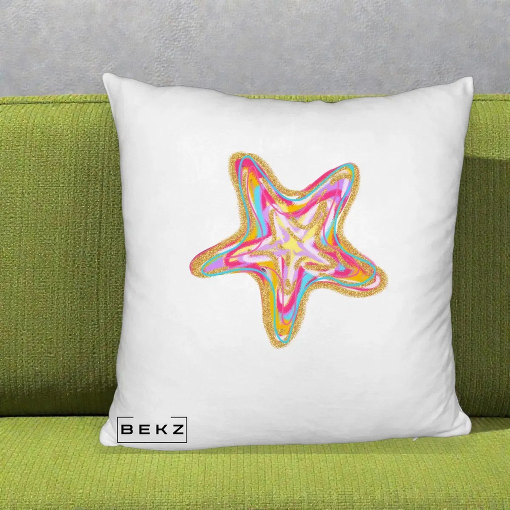 Perna Decorativa Stea de Mare Neon Curcubeu, 40x40 cm, Alb Pufos, Husa Detasabila, Perna Inclusa, BEKZ®