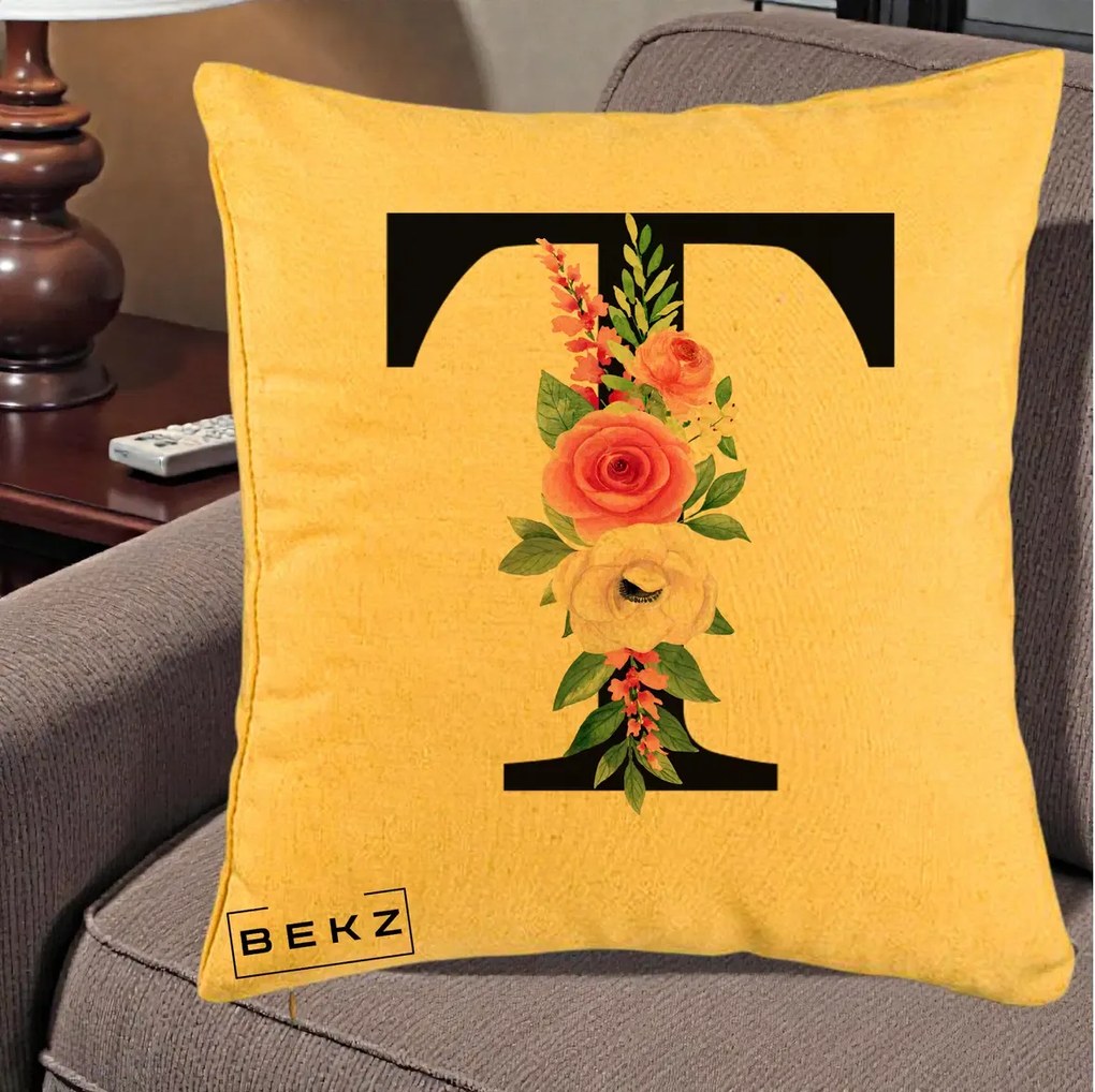 Cadou Personalizat - Perna Personalizata Monograma Florala Litera T, 40x40 cm, Galben, Husa Detasabila, Perna Inclusa, BEKZ®