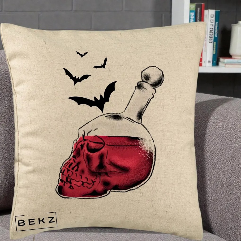 Perna Decorativa Halloween Craniu-Sticla cu Lilieci, 40x40 cm, Bej, Husa Detasabila, Perna Inclusa, BEKZ®