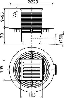 Sifon pardoseala 105Ã 105 50 mm iesire laterala, gratar din otel inoxidabil, sistem de retinere a mirosurilor umed APV103