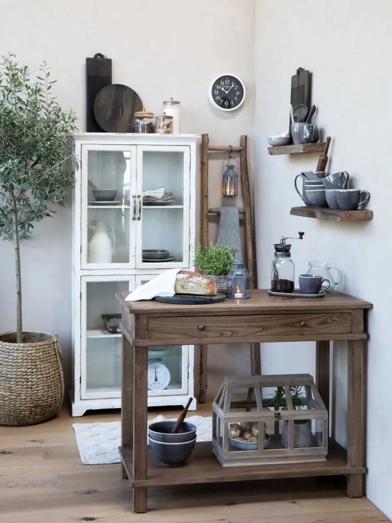 Vitrină shabby chic din lemn cu 4 uși vitrate, finisaj crem antichizat, 4 rafturi, 156×73×33 cm, „Provence"