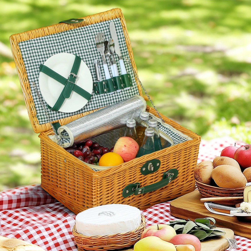 Outsunny Coș de Picnic din Răchită pentru 2 Persoane cu Zonă Frigorifică și Veselă, 40x30x20 cm, Maro Deschis | Aosom Romania