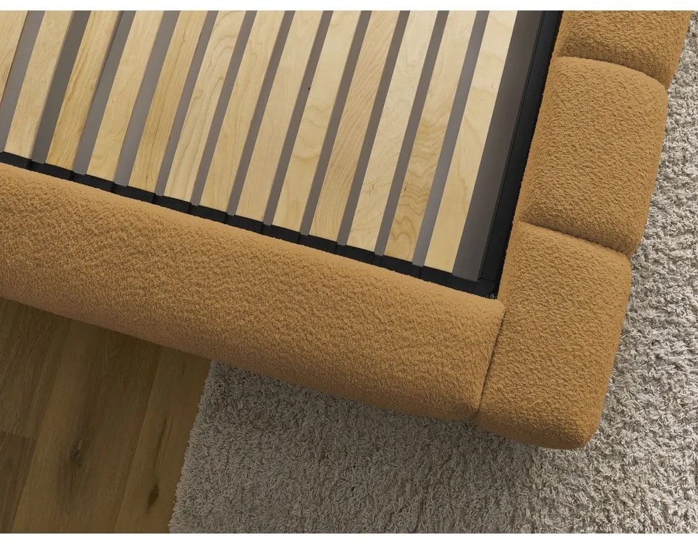 Pat matrimonial galben muștar tapițat cu spațiu de depozitare cu somieră 160x200 cm Denali – Bobochic Paris