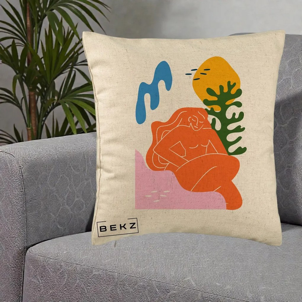 Perna Decorativa Femeie Portocalie Relaxata, 40x40 cm, Bej, Husa Detasabila, Perna Inclusa, BEKZ®