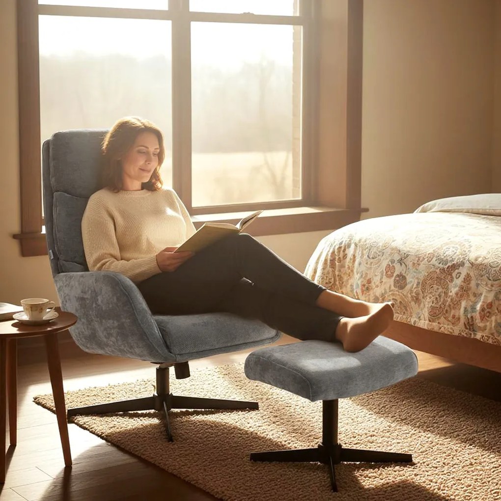 HOMCOM Fotoliu tapițat cu taburet, fotoliu lounge cu spătar înalt, bază metalică, pentru living, dormitor, gri | Aosom Romania