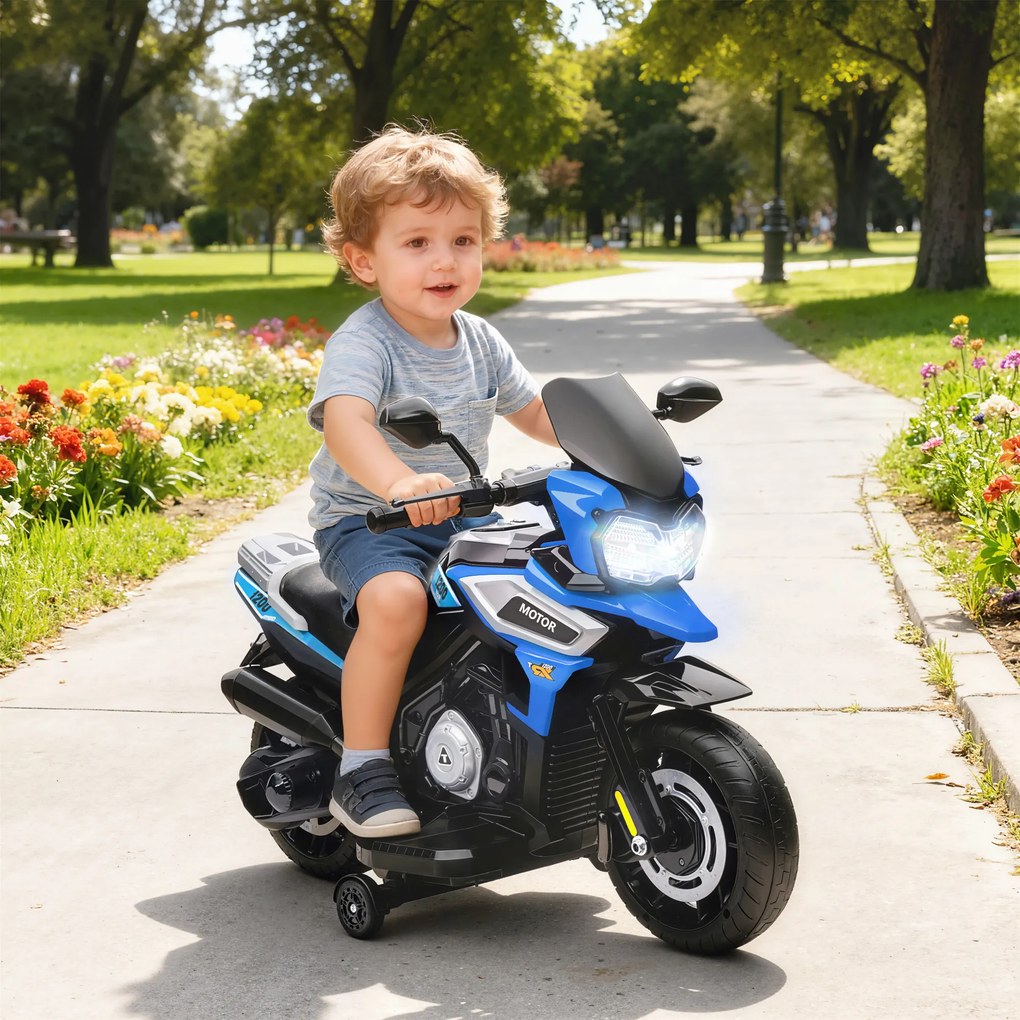 AIYAPLAY Motocicletă Electrică pentru Copii 18-36 Luni, 6V Motocicletă Electrică pentru Copii cu Roți Detașabile, Faruri, Muzică, 2.4 km/h Mini Motocicletă cu Far, Max 30kg, Albastru | Aosom Romania